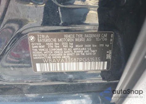 2007 BMW 328I from USA, damaged, VIN WBAVA33587PG51535